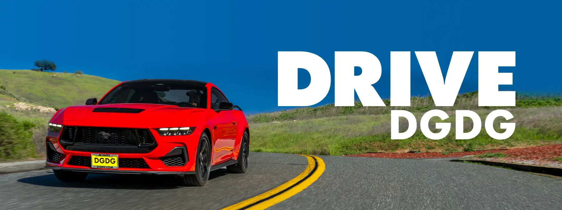Red Ford Mustang sports car driving on a scenic road with 'DRIVE DGDG' hero text overlay.