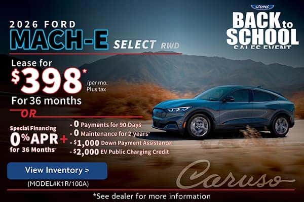 2026 MACH-E SELECT RWD (MODEL#K1R/100A) 1 AT THIS SPECIAL  Lease Specials: $398/month plus tax @ 36 months OR 0% for 36 Months** Special Financing + 0 Payments for 90 Days + 0 Maintenance for 2 years** + $1000 Downpayment Assistance + $2000 EV Public Charging Credit