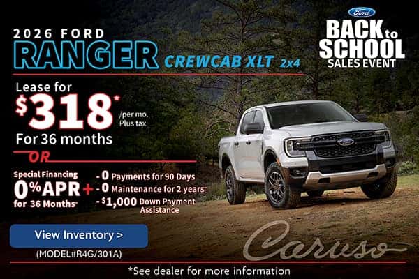 2026 RANGER CREWCAB XLT 4X2 (MODEL#R4G/301A)  1 AT THIS SPECIAL  Lease Specials: $318/month plus tax @ 36 months* OR 0% for 36 Months** Special Financing + 0 Payments for 90 Days + 0 Maintenance for 2 years** + $1000 Downpayment Assistance