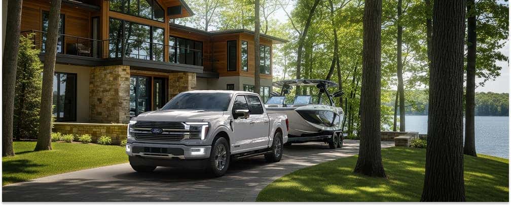 Front three-quarter view of a white 2026 Ford F-150 towing a boat down a paved driveway.