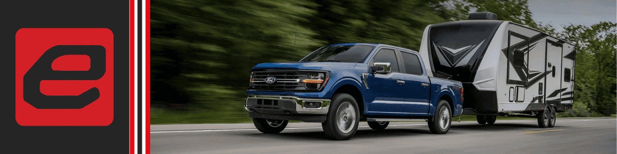 Ford-F-150-Trim-Level-Differences---banner showing a blue Ford F-150 towing a trailer
