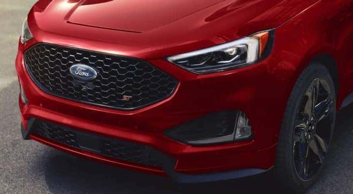 The front end of a red 2022 Ford Edge ST is shown.