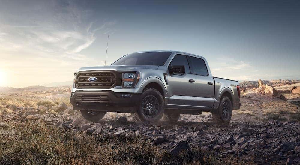 A silver 2023 Ford F-150 Rattler is shown from the front at an angle while parked off-road.
