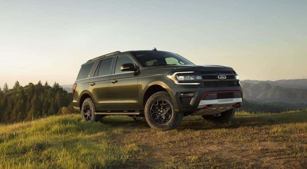 A green 2023 Ford Expedition Timberline is shown parked on a field.