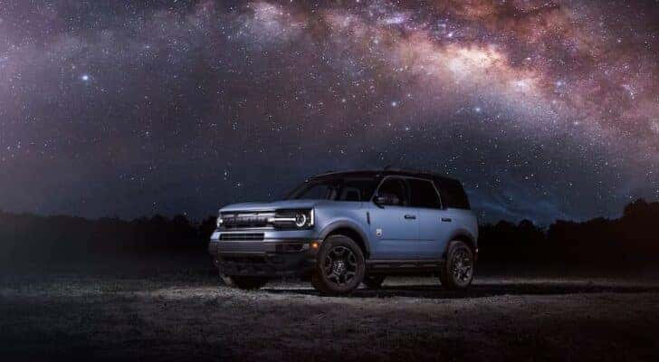 A blue 2022 Ford Bronco Sport is shown from the front at an angle.