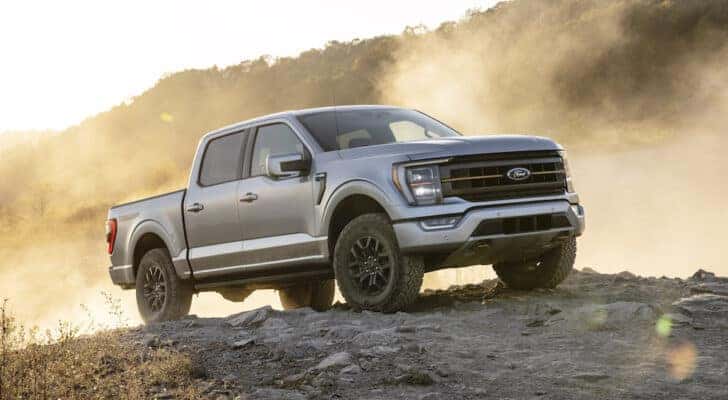 A silver 2021 Ford F-150 Tremor is shown from the side.