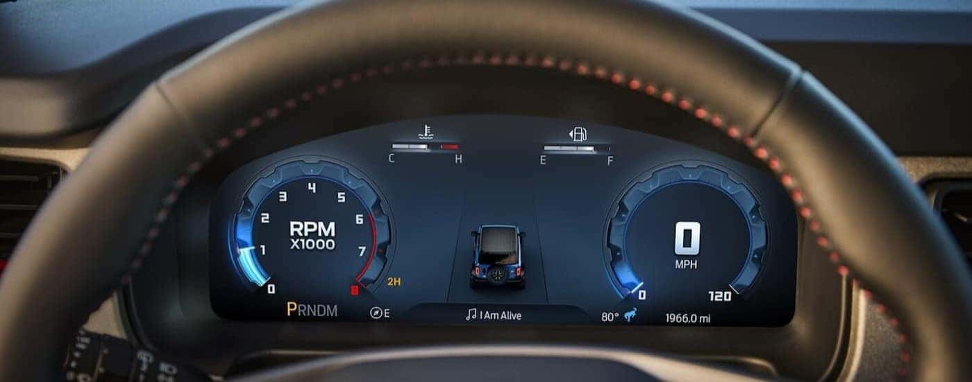 A close-up of the digital dash is shown in a 2025 Ford Bronco Big Bend.
