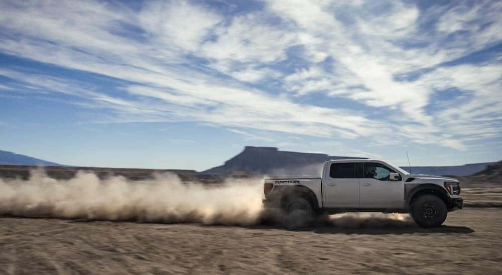 A white 2025 Ford F-150 Tremor is shown driving off-road after viewing a Ford F-150 for sale near Westcliffe.