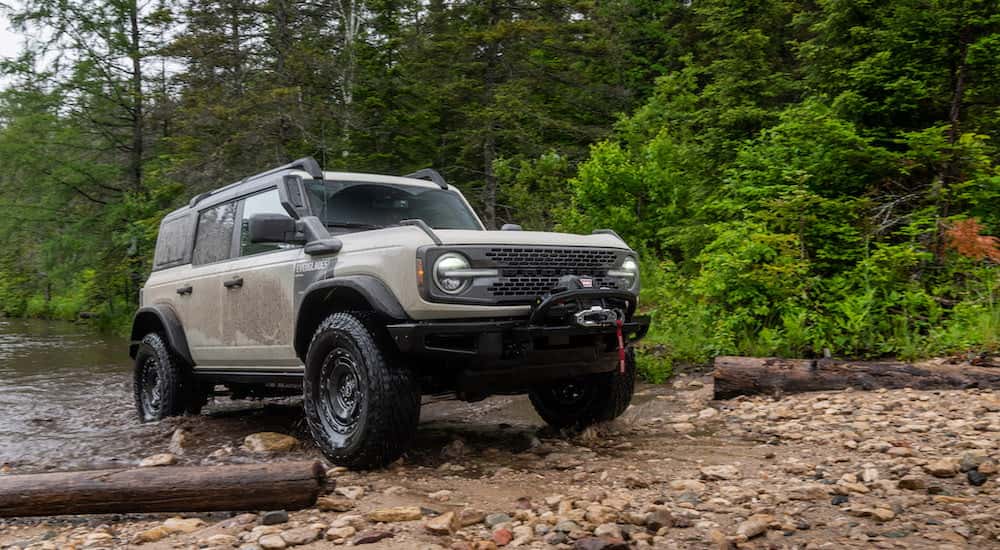 A tan 2022 Ford Bronco Everglades from the front at an angle.