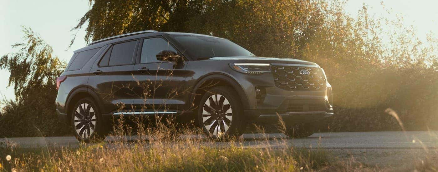 A black 2025 Ford Explorer parked offroad.
