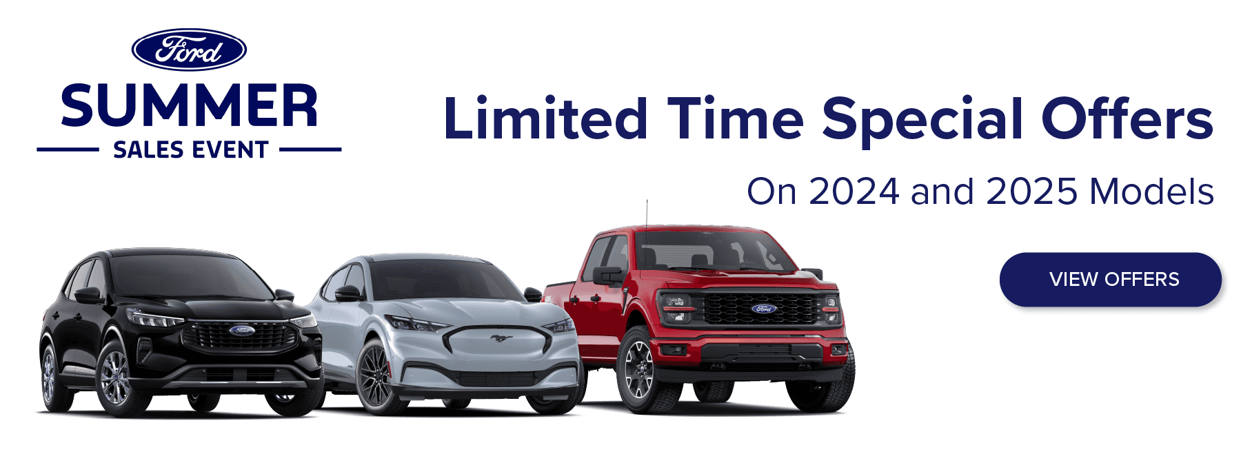 Ford Summer Sales Event promoting limited-time special offers on 2024 and 2025 Escape, Mustang Mach-E, and F-150 models