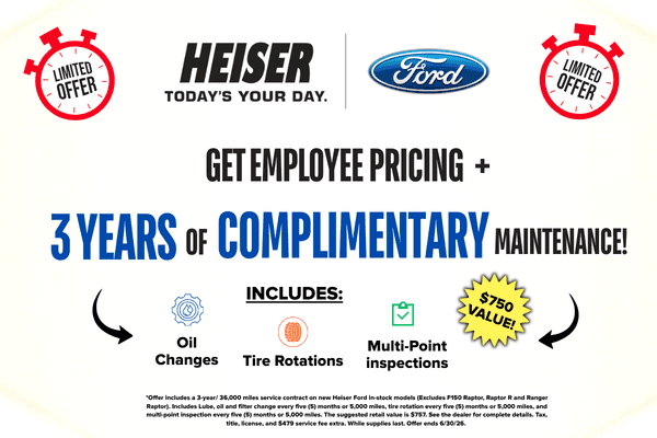 Employee pricing on most new Ford vehicles at Heiser Ford