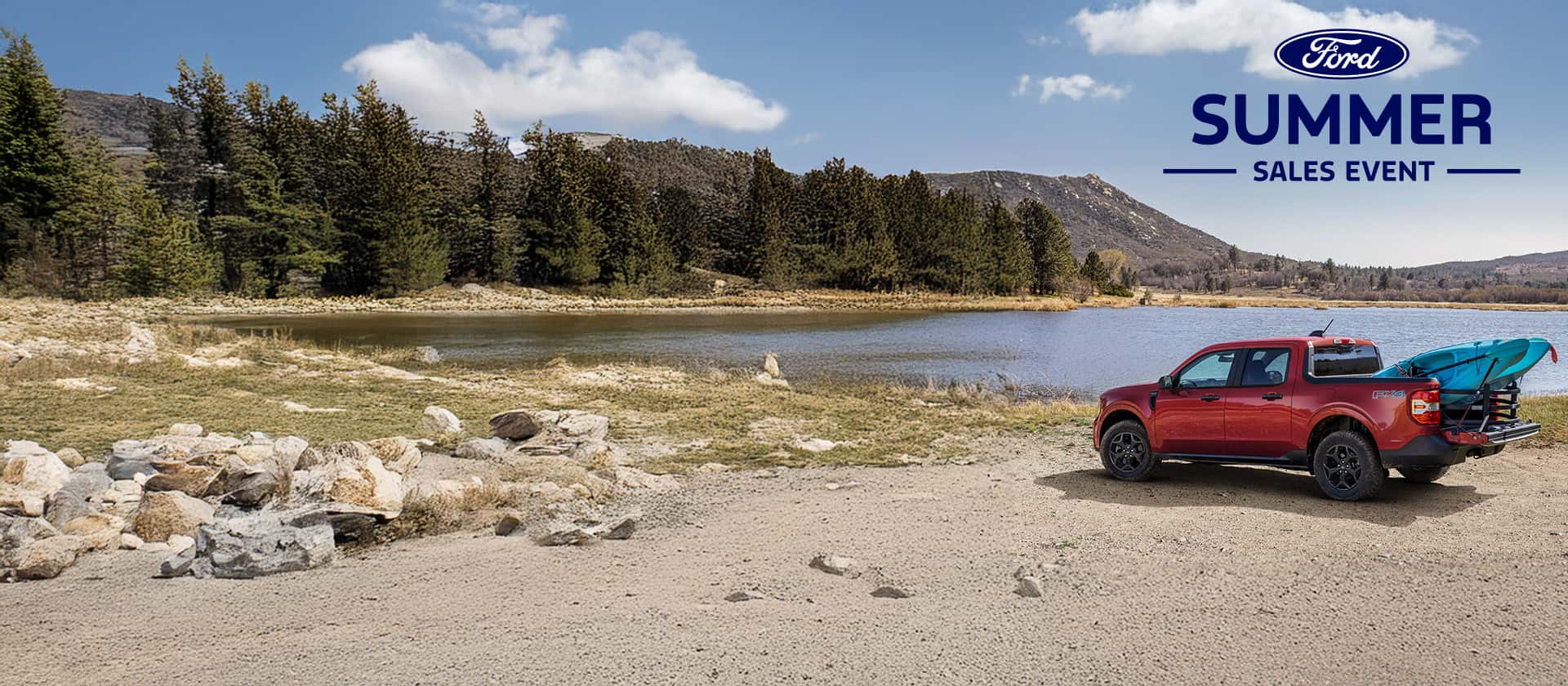 Red Ford Maverick by lake in Summer Ford Sale Event