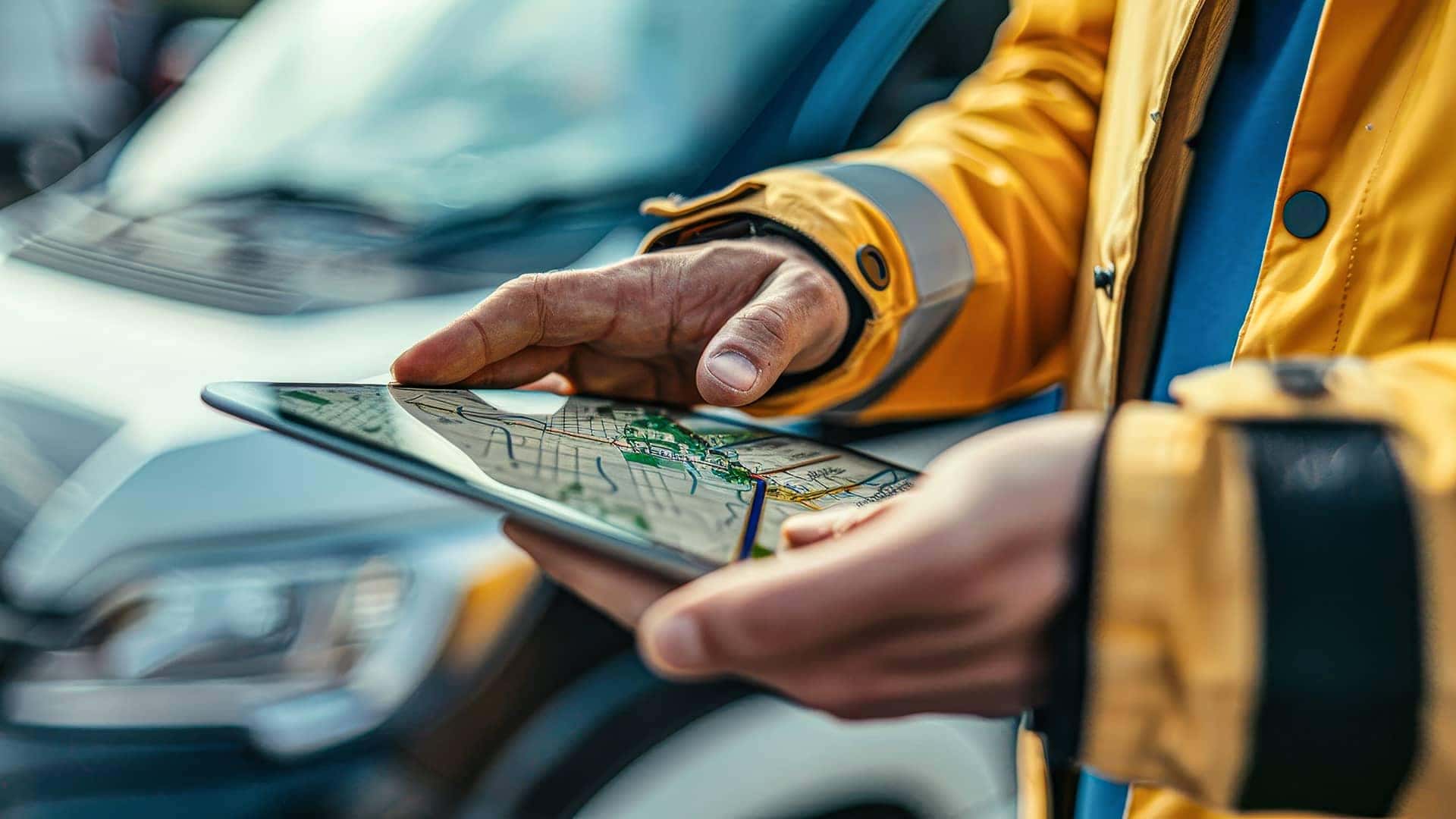 worker looking at tablet with GPS