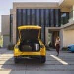 Yellow Mustang Mach-E SUV Blue Mustang Woman Glass House