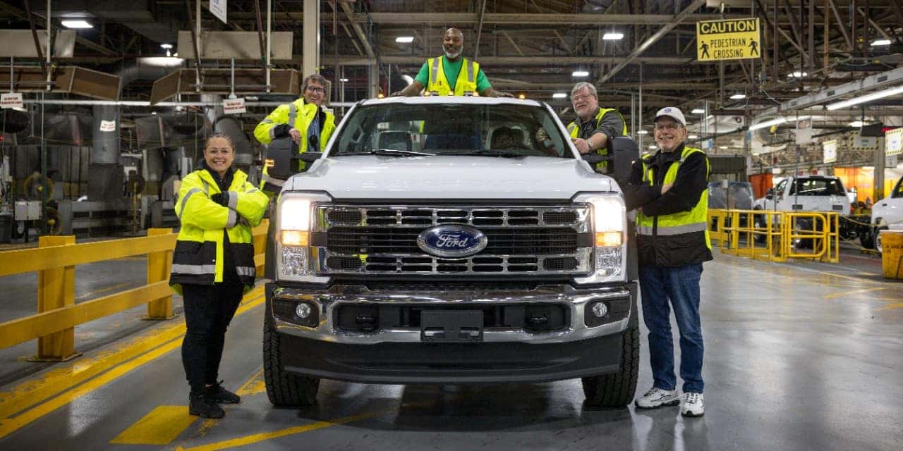White Ford Super Duty Pickup Workers Factory 