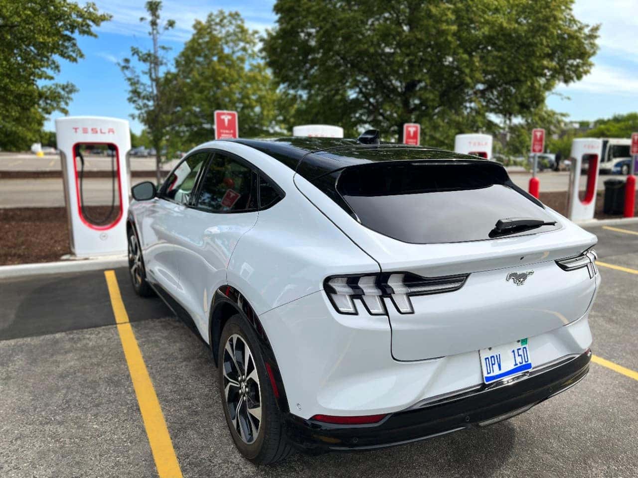 White Ford Mustang Mach-E SUV Tesla Charging Station