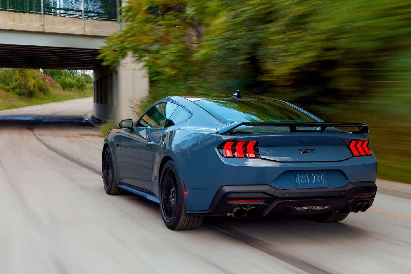 Blue Ford Mustang Sports Car Street Green Bushes