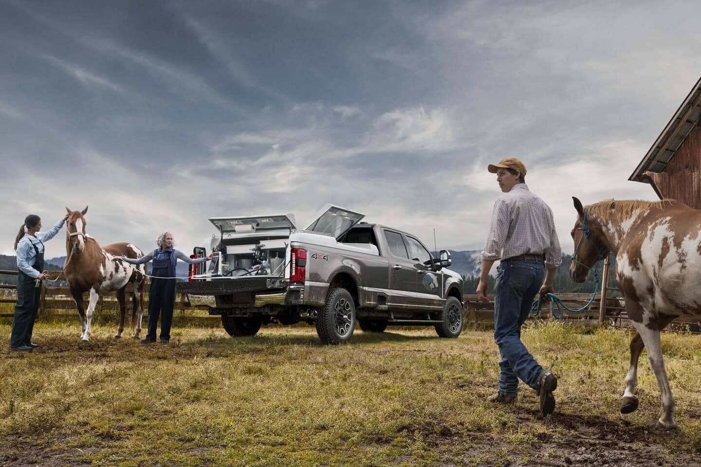 White Ford Super Duty Pickup Truck People Green Grass