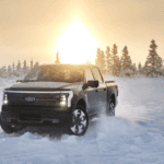 An electric Ford F-150 Lightning undergoing winter testing