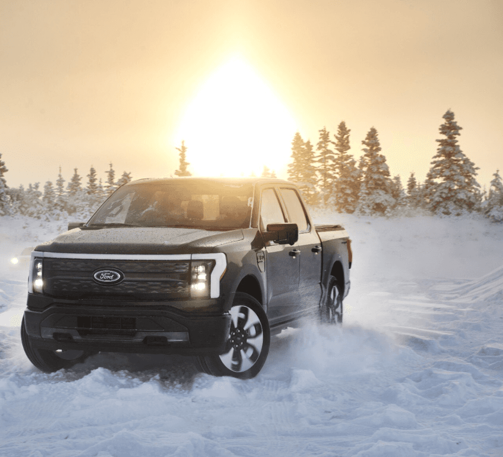 An electric Ford F-150 Lightning undergoing winter testing