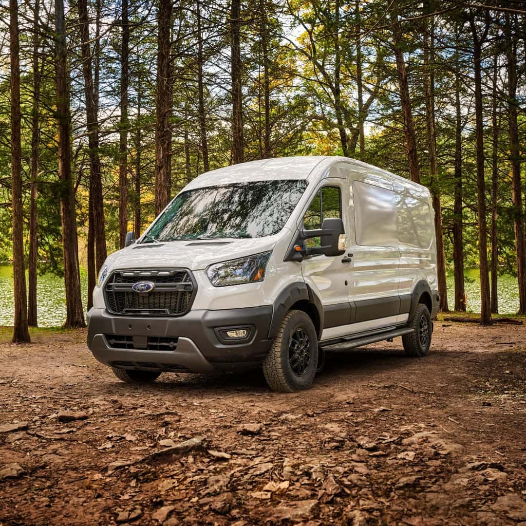 White Ford Transit Trail SUV Trees Off Road