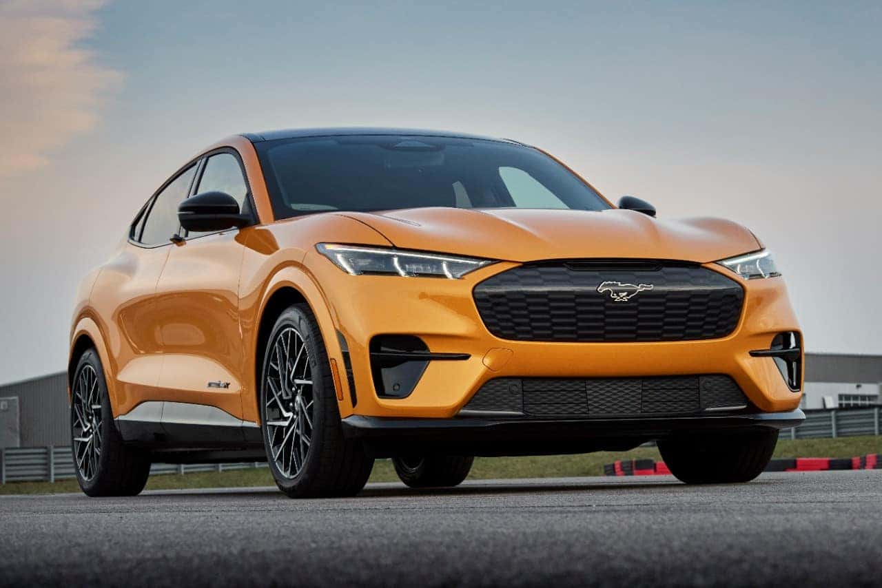 Yellow Ford Mustang Mach-E SUV Racetrack