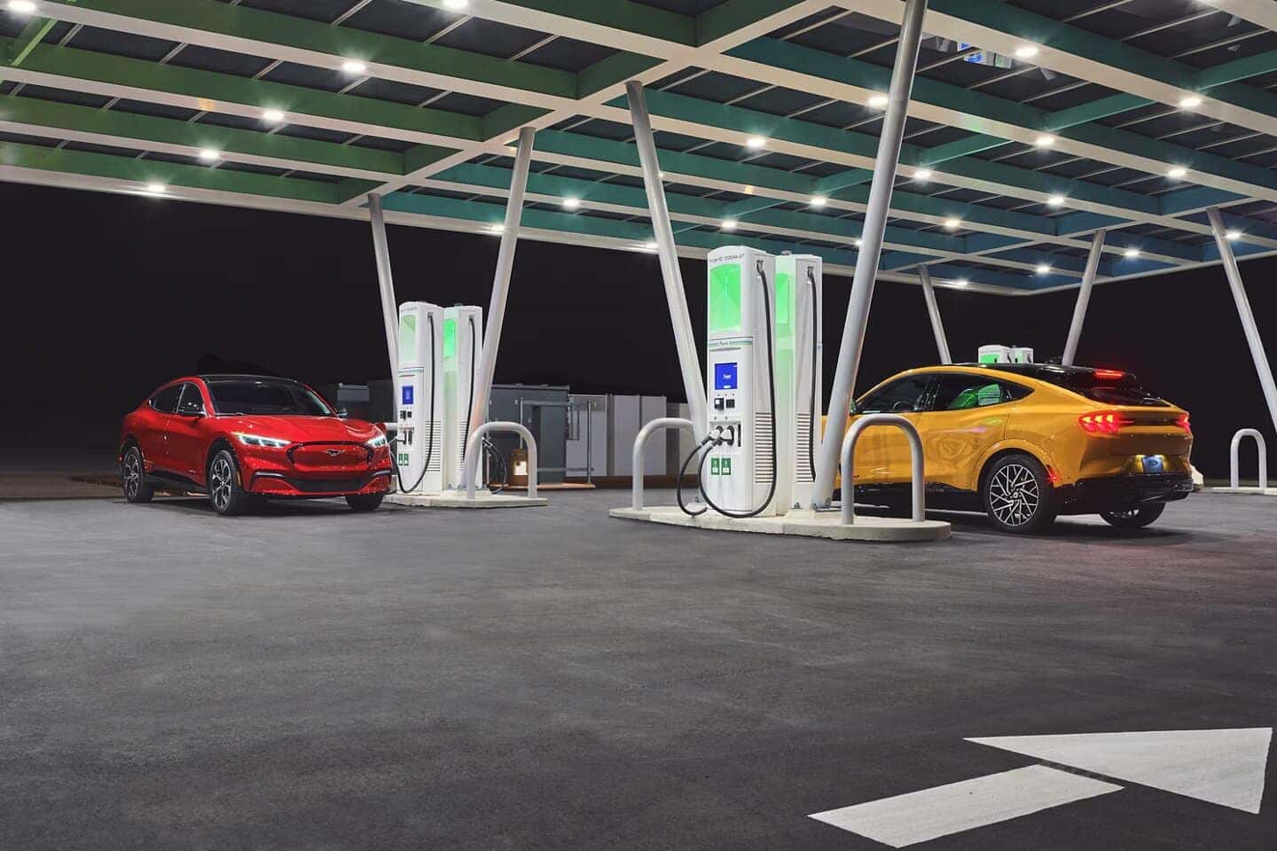 Red and Yellow Ford Mustang Mach-E EV SUV Electric Charging Station