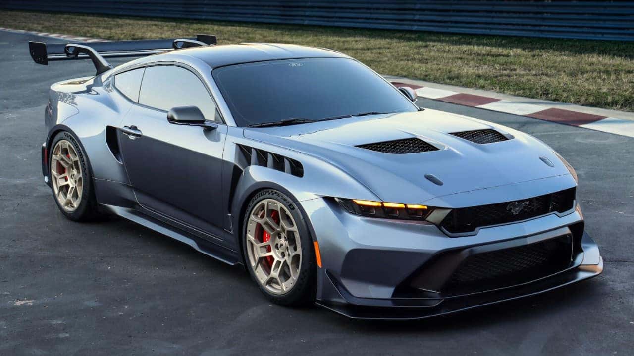 Blue Ford Mustang GTD Sports Car Race Track