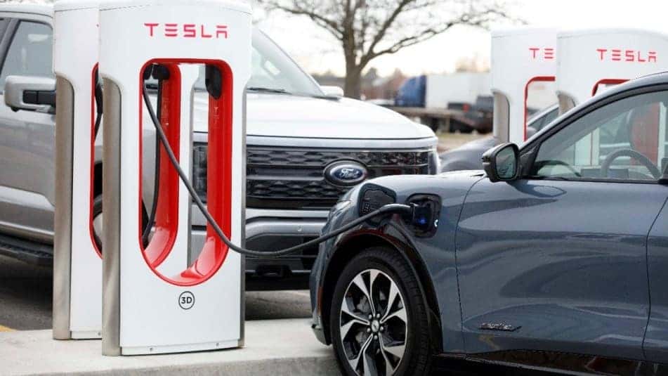 Blue Ford Mustang Mach E SUV Tesla Charging Station Gray Pickup Truck