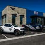 Blue and White Ford Ranger Raptor Pickup Truck Building