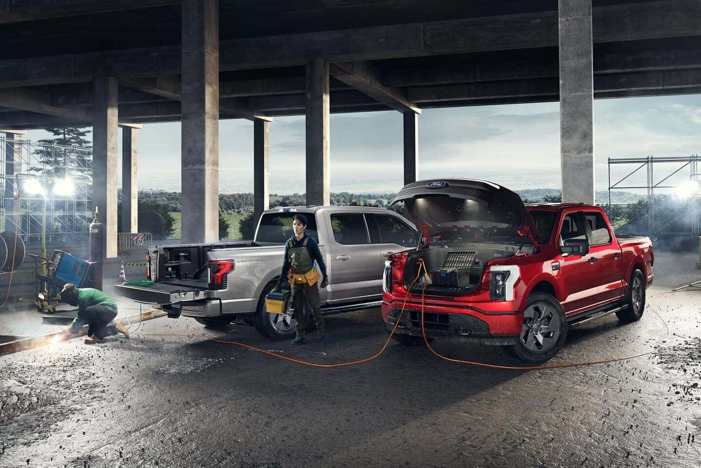 Red and Silver Ford F-150 Lightning EV Pickup Truck Tools