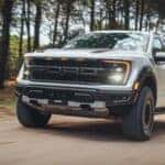 Silver Ford F-150 Raptor Pickup Truck Green Trees