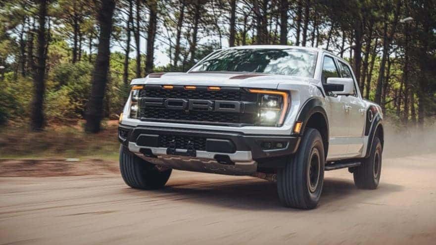 Silver Ford F-150 Raptor Pickup Truck Green Trees
