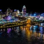 Body of water in front of the lit-up city of Cincinnati