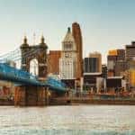 Water, a bridge, and tall Cincinnati buildings in the daylight