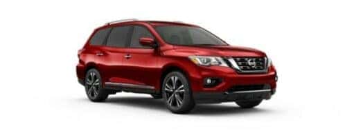 A red 2018 Nissan Pathfinder is angled right.