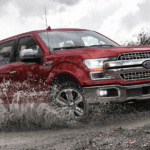 Red 2019 Ford F150 driving though mud