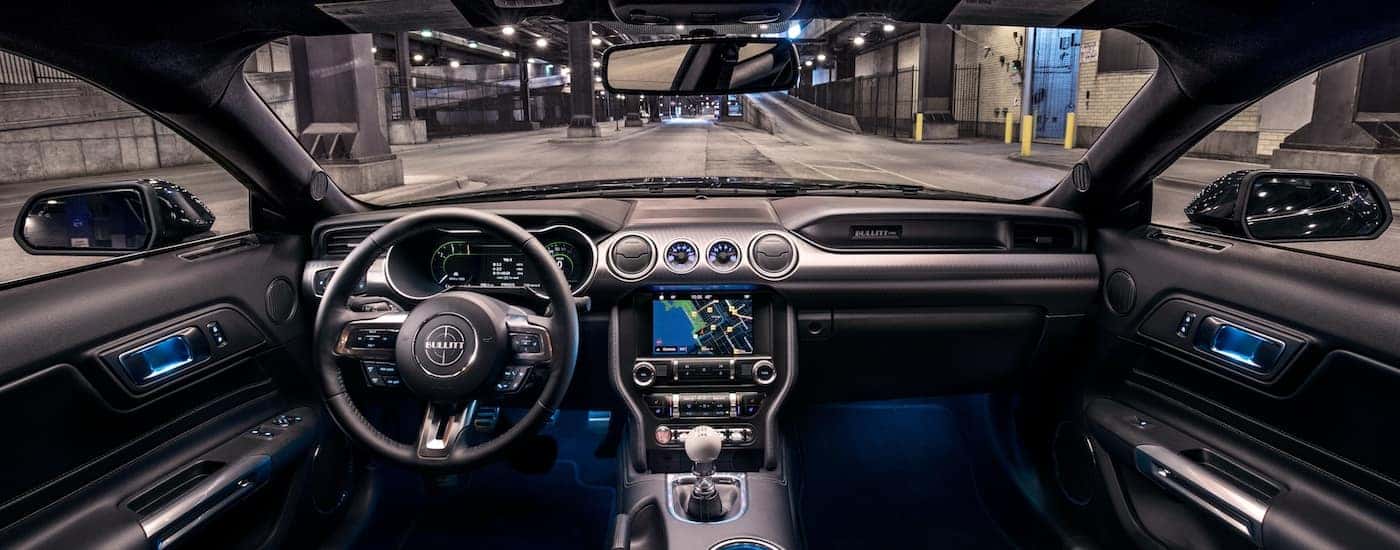 The high tech black interior of the 2019 Ford Mustang