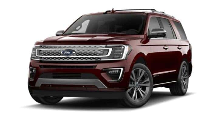 A maroon 2019 Ford Expedition Platinum angled left.