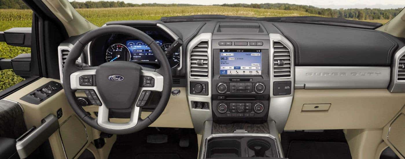 Black and tan interior of a 2019 Ford F-25