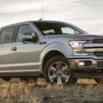 A silver 2019 Ford F-150 in a grassy field at sunset