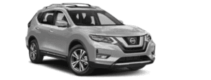 A 2019 silver Nissan Rogue is shown right facing from a front-side angle.