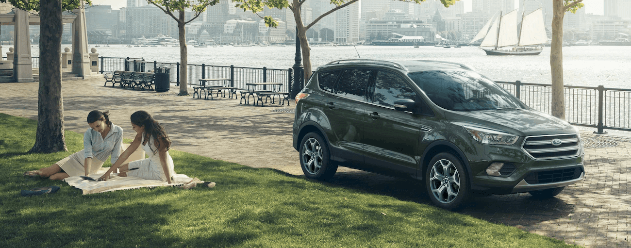 A green 2019 Ford Escape is parked next to a city park.