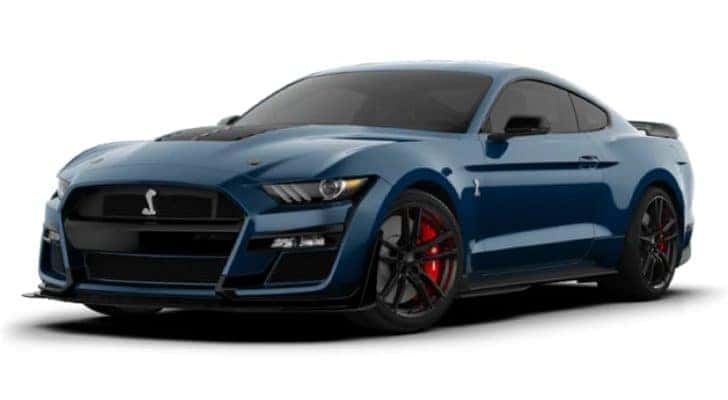 A blue 2020 Shelby GT500 is angled left.