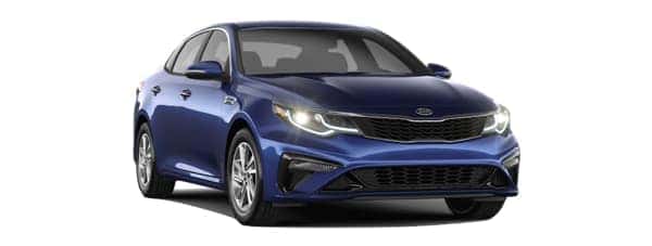 A blue 2019 Kia Optima is facing right.