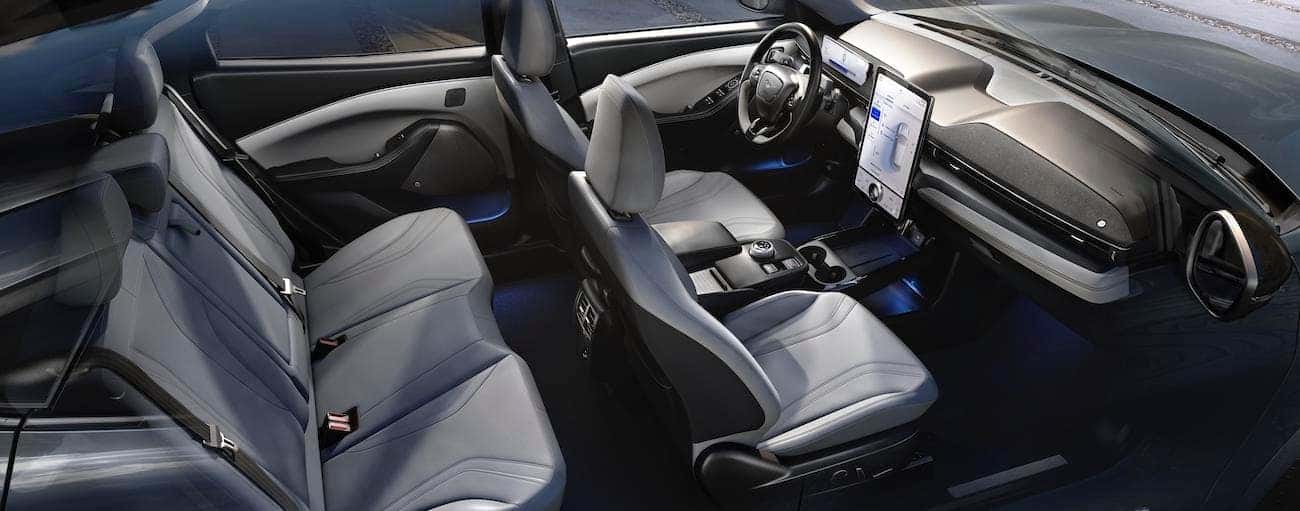 The interior of the 2021 Ford Mustang Mach-E is shown.