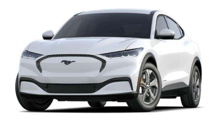 A white 2021 Ford Mustang Mach-E Select is angled left.