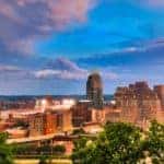 A birds eye view of the Cincinnati, OH, skyline.