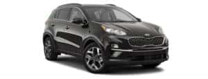 A black 2020 Kia Sportage is angled right on a white background.